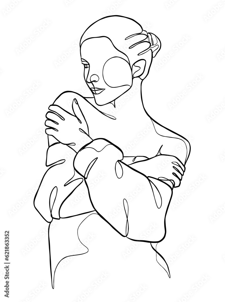 Continuous one line drawing of woman with hair bun. Vector illustration. Continuous one line drawing of woman with hair bun. Vector illustration.
