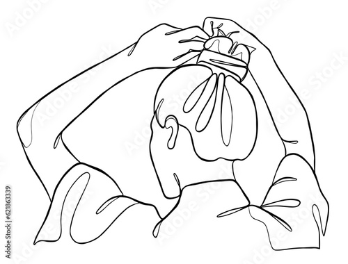 Continuous one line drawing of woman with hair bun. Vector illustration.