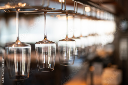 empty clean glass glasses for alcoholic drinks in a restaurant on a bar counter © Tsyb Oleh