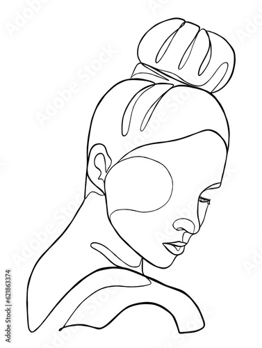 Continuous one line drawing of woman with hair bun. Vector illustration.