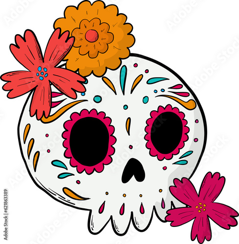 dia de los muertos sugar skull decorated with flowers, hand dawn PNG  for stickers, signs, icons, prints, cards, posters, etc.