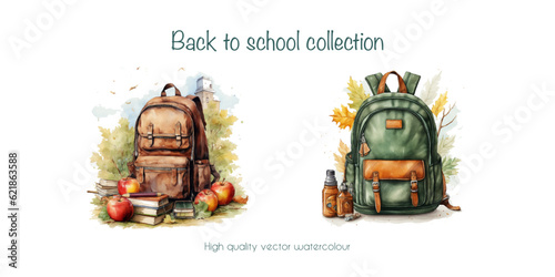 Back to school poster. welcome to school banner. Backpack with school stuff. Watercolour school art