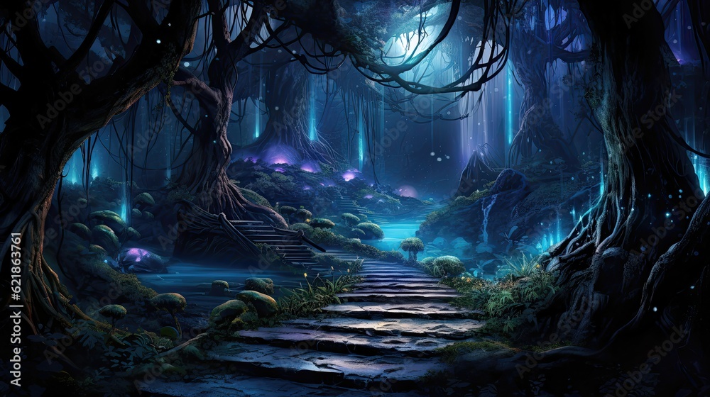Fototapeta premium Stone path through bioluminescent fantasy forest