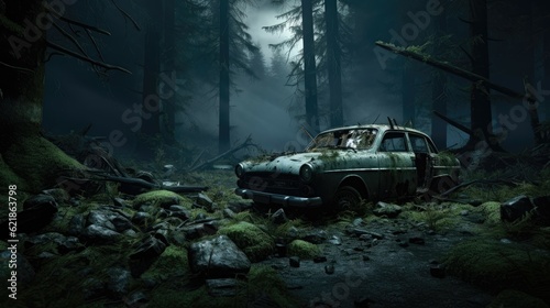 abandoned car wreck without lamps, in the middle of a dark forest with moss