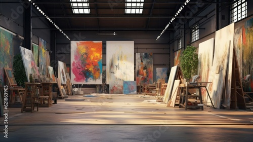 the inside of a warehouse, converted into a creative art studio, walls and floor made of concrete and cement, clothing hung up on clothing racks against the wall, neo-expressionist paintings photo