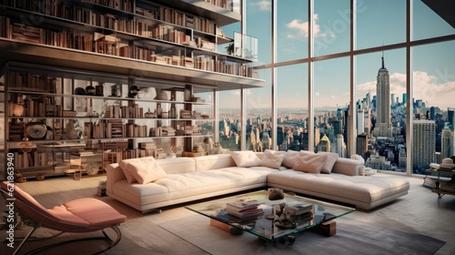 new york ultra modern cyber futuristic interior studio apartment, multi level floors, tall ceiling, glass and metal windows, library books