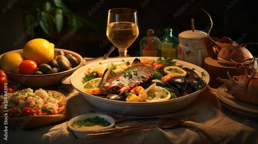 greek sea food dishes with amphora with wine