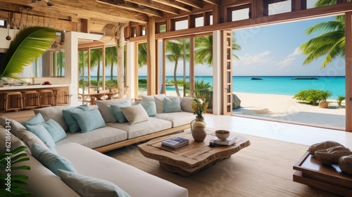 Architectural photography of a caribbean beach house open plan living room
