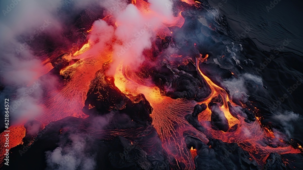 an aerial view of a erupting volcano, mesmerizing colorscapes an aerial view of a erupting volcano, mesmerizing colorscapes
