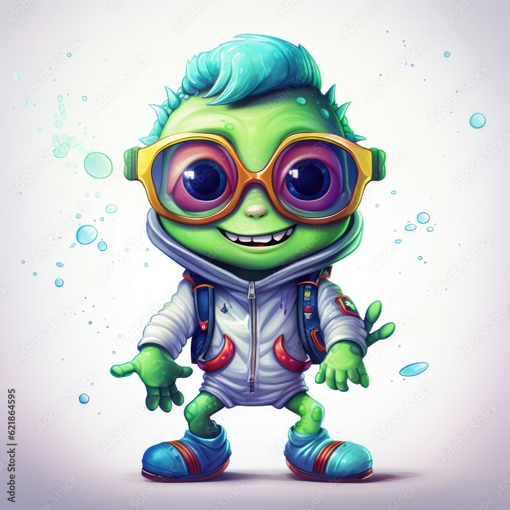 smilling alien interent super hero, adorable cartoon wearing a glasses, hand drawn illustrations