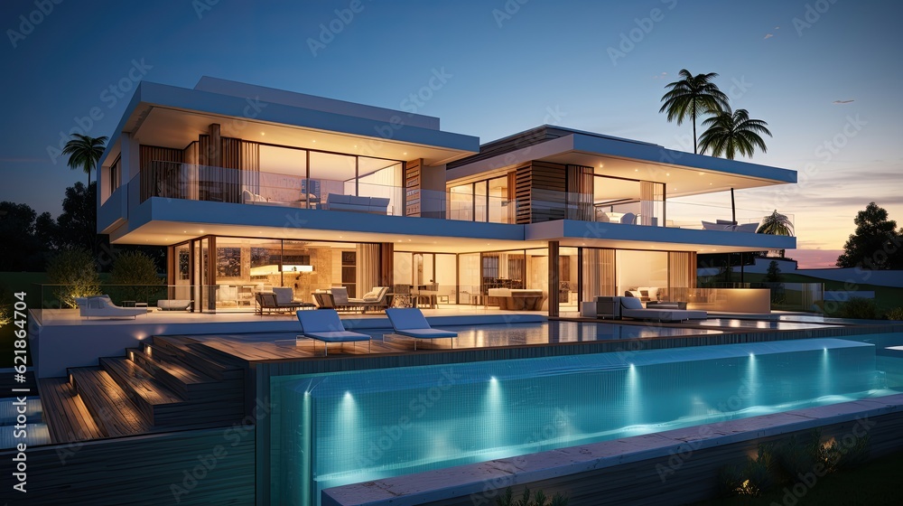 Obraz premium modern architectual villa with huge pool in front