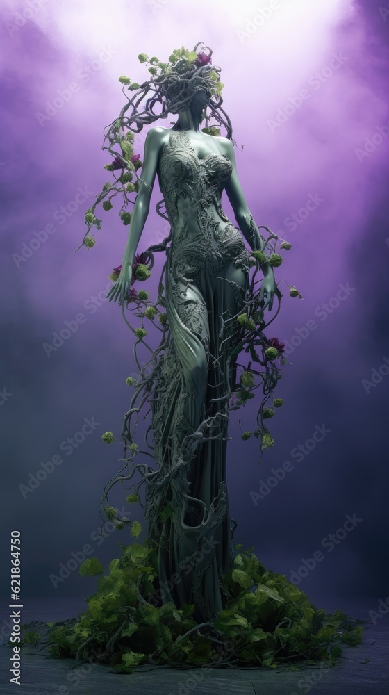 alien green plants and metal and marble and bones and violet flowers statue, female shape, celtic engravings, standing in fantasy art room alien green plants and metal and marble and bones and violet flowers statue, female shape, celtic engravings, standing in fantasy art room