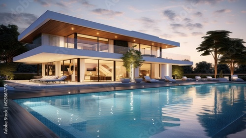 modern architectual villa with huge pool in front © medienvirus