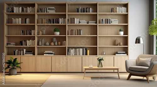 library shelves with books, Pure solid wood full-wall bookshelf © medienvirus