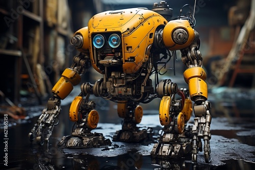 A yellow robot with blue eyes standing on a wet surface. AI