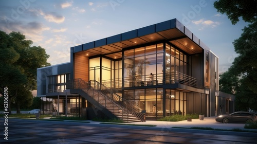 two story modern small industrial minimalist design style office building, incorporate glass elements