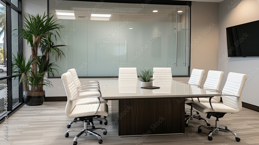 A conference room of a family law firm with a modern white elegant look with minimalist vibes and greyed out translucent windows