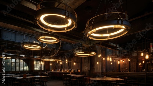 Several circular five headed chandeliers are hung in the industrial style restaurant, with several round tables, wooden © medienvirus
