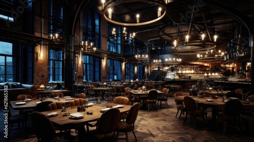 Several circular five headed chandeliers are hung in the industrial style restaurant, with several round tables, wooden