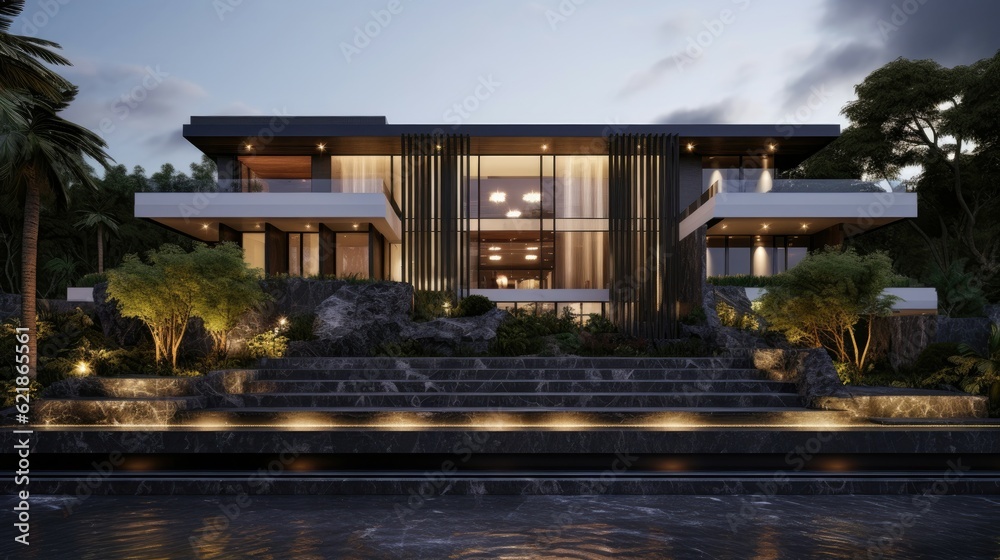 Spacious villa exterior dark modernism, sheer and opaque, nature inspired, mood lighting, linear elegance, metallic finishes