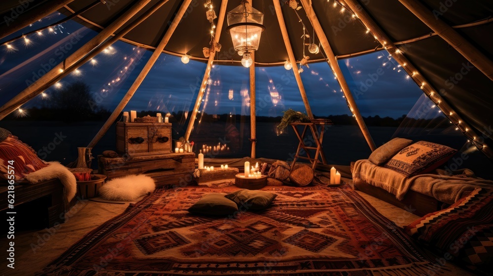 Amazing view of a old traditional teepee, many cushions on the ground, rugs, ambient lighting, romantic feeling, set on beautiful ground Amazing view of a old traditional teepee, many cushions on the ground, rugs, ambient lighting, romantic feeling, set on beautiful ground