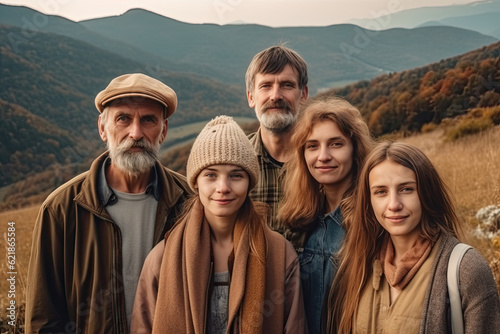 Portrait of family standing on hillside with grass in mountains  created with Generative AI.