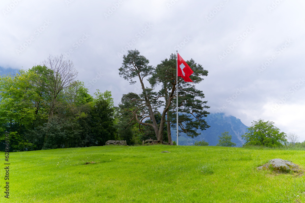 Famous Rütli meadow where the foundation of historic Switzerland took place by the three cantons Uri, Schwyz and Unterwalden at border of Lake Uri. Photo taken May 18th, 2023, Rütli, Switzerland.