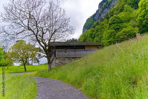 Famous Rütli meadow where the foundation of historic Switzerland took place by the three cantons Uri, Schwyz and Unterwalden at border of Lake Uri. Photo taken May 18th, 2023, Rütli, Switzerland.