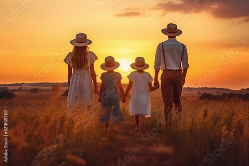 Happy family mother father children son and daughter in field during sunset. Generative AI