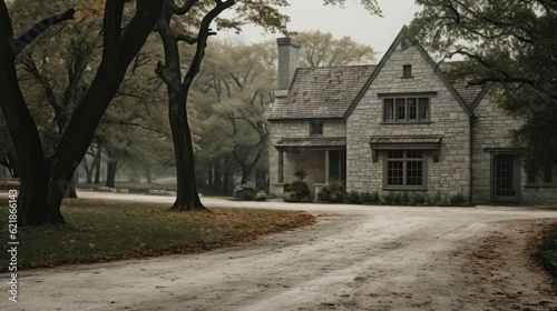 old house in the fog, an extensive photo of a house in front of a gravel driveway, midwest gothic