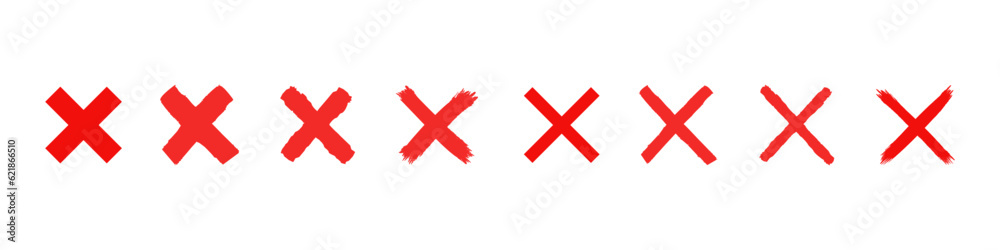 Red cross sign. Brush x symbol. Wrong mark vector icon sign set. Isolated red crosses on white background. Red cross sign. Brush x symbol. Wrong mark vector icon sign set. Isolated red crosses on white background.