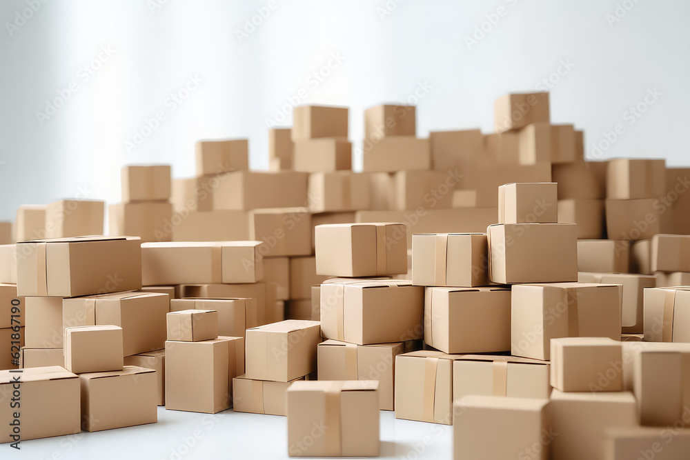 Huge pile of  many cardboard plain boxes on white background. Lots of of kraft simple boxes. Creative wallpaper concept of moving, transportation, housewarming , delivery company. Generative AI photo.