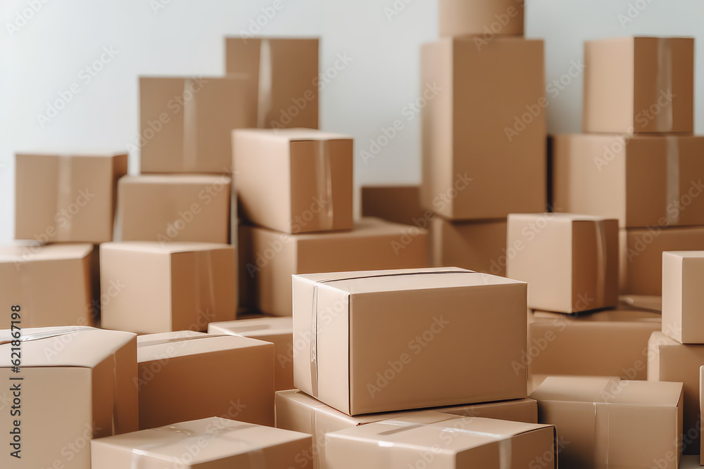 Huge pile of many cardboard plain boxes on white background. Lots of of kraft simple boxes. Creative wallpaper concept of moving, transportation, housewarming , delivery company. Generative AI photo. Huge pile of many cardboard plain boxes on white background. Lots of of kraft simple boxes. Creative wallpaper concept of moving, transportation, housewarming , delivery company. Generative AI photo.