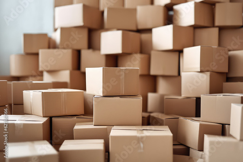 Huge pile of many cardboard plain boxes on white background. Lots of of kraft simple boxes. Creative wallpaper concept of moving, transportation, housewarming , delivery company. Generative AI photo.