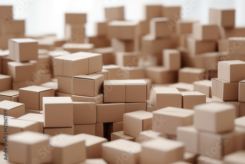 Huge pile of  many cardboard plain boxes on white background. Lots of of kraft simple boxes. Creative wallpaper concept of moving  transportation  housewarming   delivery company. Generative AI photo.