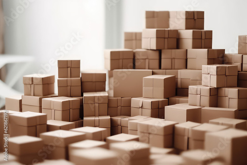 Huge pile of  many cardboard plain boxes on white background. Lots of of kraft simple boxes. Creative wallpaper concept of moving, transportation, housewarming , delivery company. Generative AI photo. © dinastya