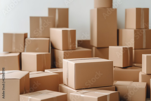 Huge pile of  many cardboard plain boxes on white background. Lots of of kraft simple boxes. Creative wallpaper concept of moving  transportation  housewarming   delivery company. Generative AI photo.
