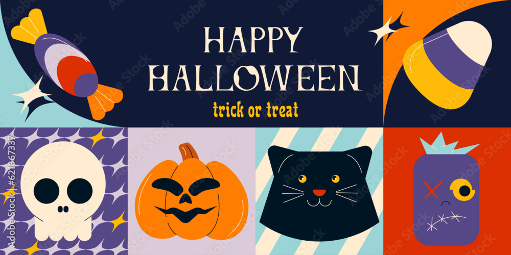 Happy Halloween banner with holiday icons. Retro style Helloween background with cat, pumpkin, monster, skull and candies. 31 october poster, card, cover design. Flat vector illustration