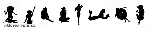A set of beautiful silhouette girls in black color on white background for webs, banners, cards