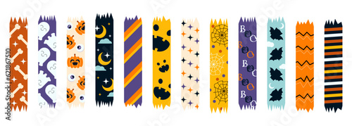 Halloween colorful washi tape set. Masking tape strips for Helloween party decoration. Colored flat vector illustration
