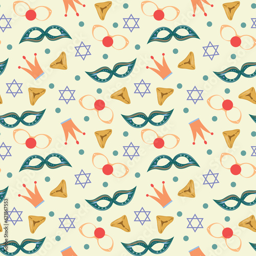 Festive seamless pattern with purim elements on yellow background. Jewish culture concept. photo