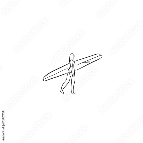 Hand drawn vector abstract simple minimalistic line art graphic drawing tropical surfing female sign collection isolated. Summer palm beach modern design concept. Summer palm beach and surf logo.