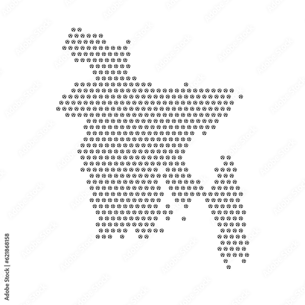 Map of the country of Bangladesh with football soccer icons on a white background