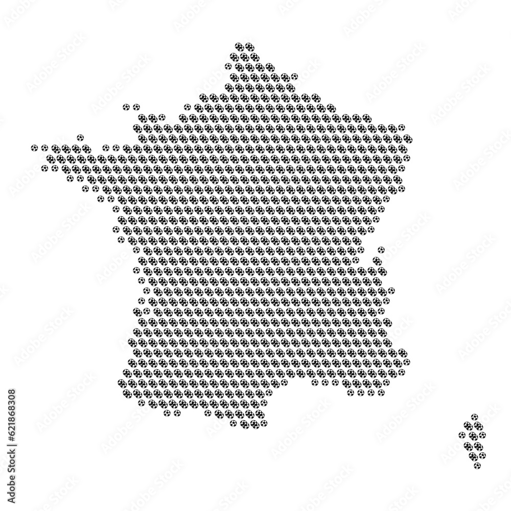 Map of the country of France with football soccer icons on a white background