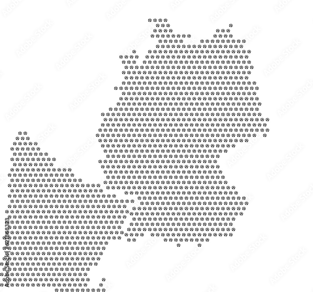Map of the country of Germany with football soccer icons on a white background