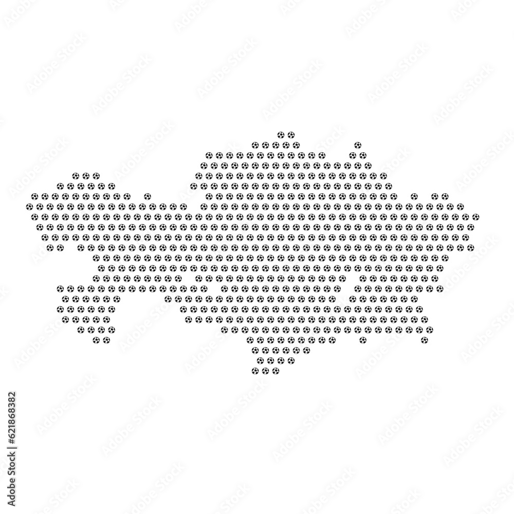 Map of the country of Kazakhstan with football soccer icons on a white background