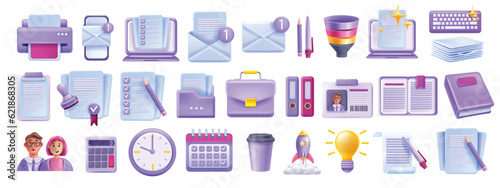3D business vector icon set, work office stationery kit, management calendar, laptop screen document. Reception workplace object collection, colleague avatar, person ID, startup project. Business icon