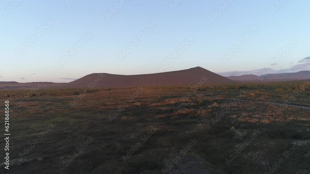 Hverfjall volcanic crater at sunset, drone shot, Myvatn, Iceland, Europe Hverfjall volcanic crater at sunset, drone shot, Myvatn, Iceland, Europe