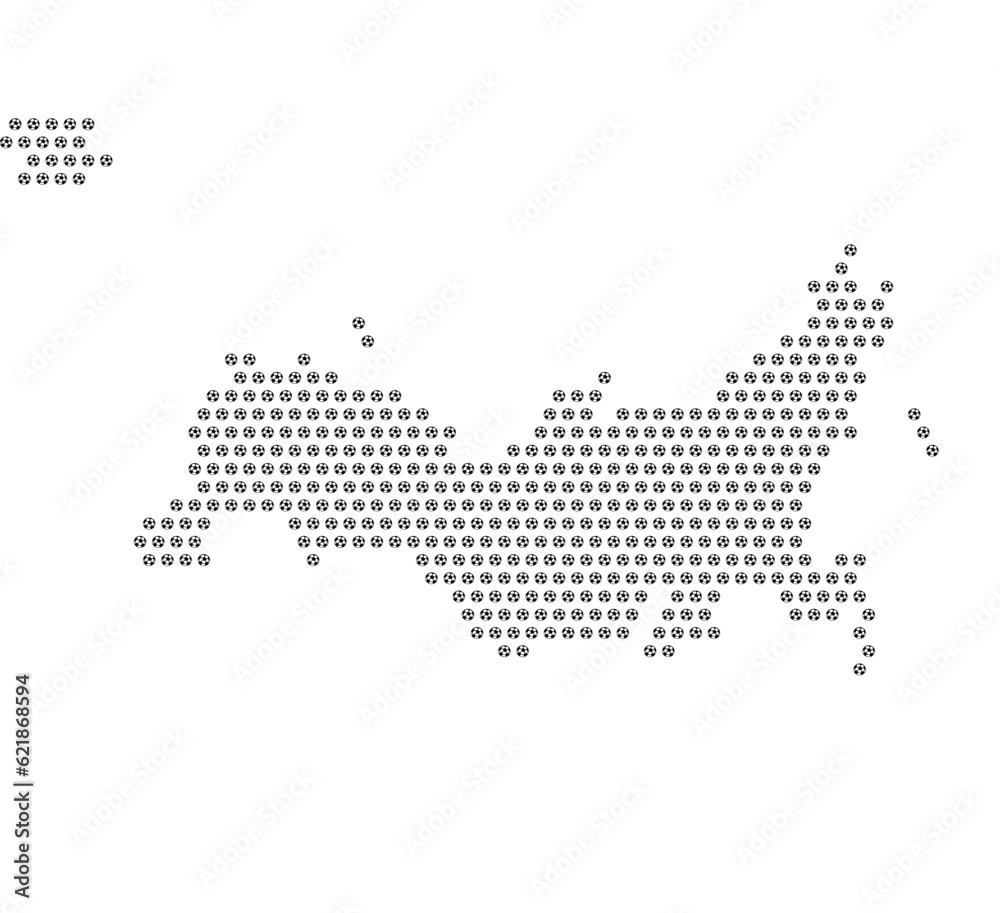 Map of the country of Russia with football soccer icons on a white background