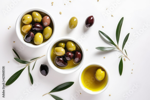 Fresh olives with olive oil on white background, top view. Generative AI.